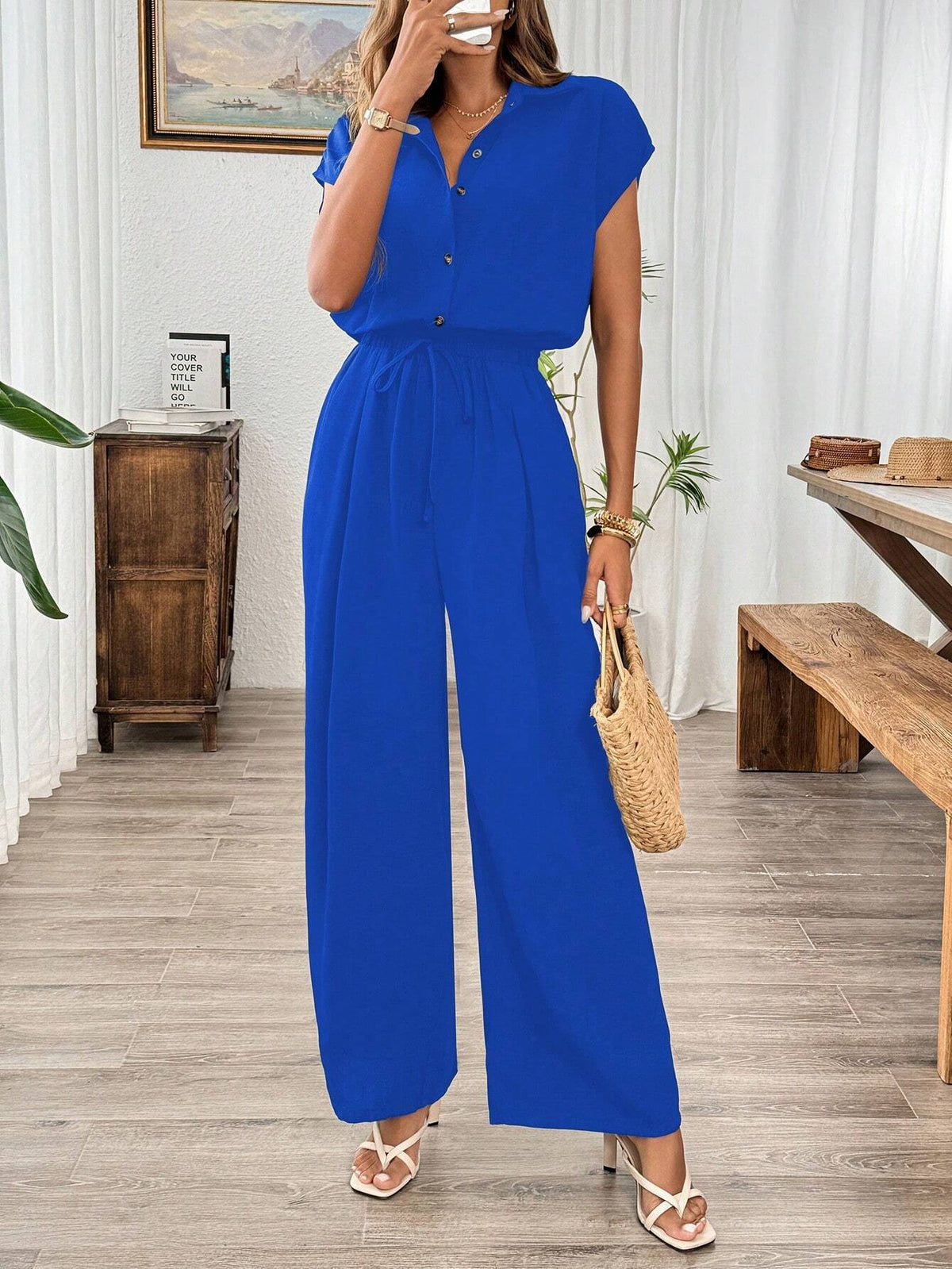 Linen Casual Elastic Waist Wide Leg Black Jumpsuit, Summer