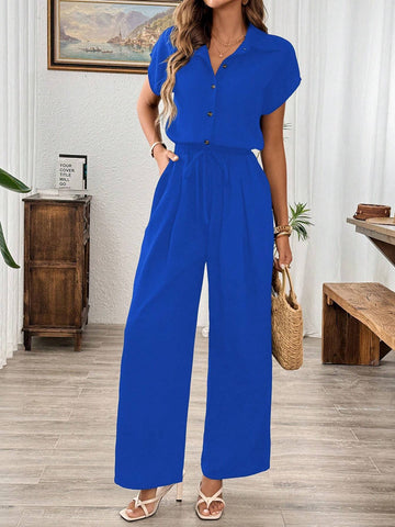 Linen Casual Elastic Waist Wide Leg Black Jumpsuit, Summer
