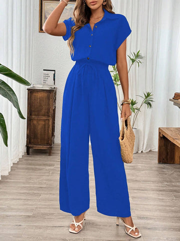 Linen Casual Elastic Waist Wide Leg Black Jumpsuit, Summer