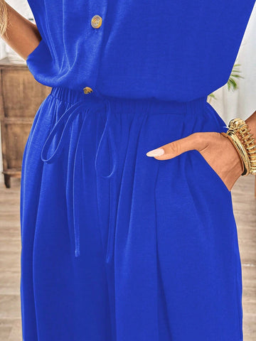 Linen Casual Elastic Waist Wide Leg Black Jumpsuit, Summer