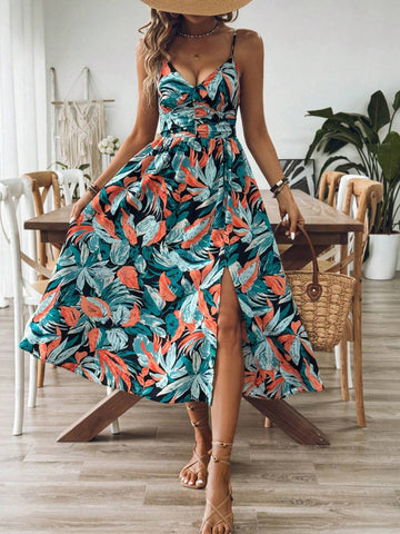 Summer Plant Print High Slit Spaghetti Strap Dress Floral Maxi Dress Suitable For Beach