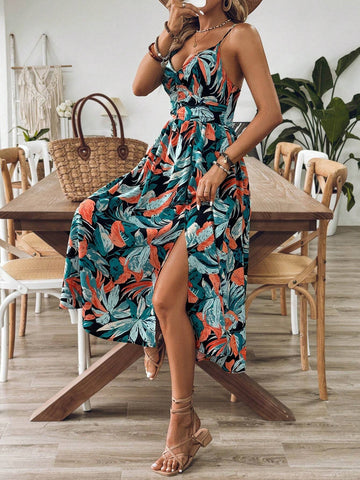 Summer Plant Print High Slit Spaghetti Strap Dress Floral Maxi Dress Suitable For Beach