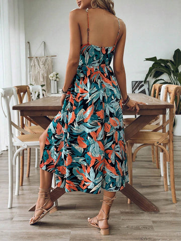 Summer Plant Print High Slit Spaghetti Strap Dress Floral Maxi Dress Suitable For Beach