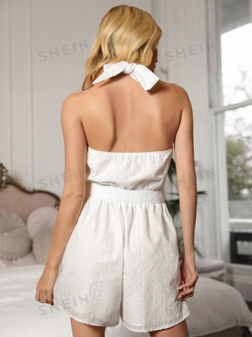 Summer Vacation Style, Solid Color Hollow Halterneck Embroidered Jumpsuit