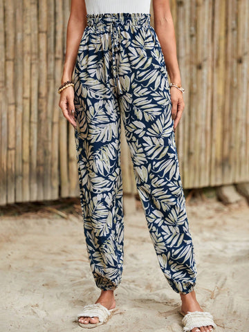 Frenchy Summer Vacation Women's Tropical Print High Waisted Long Pants