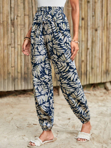Frenchy Summer Vacation Women's Tropical Print High Waisted Long Pants