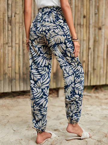 Frenchy Summer Vacation Women's Tropical Print High Waisted Long Pants