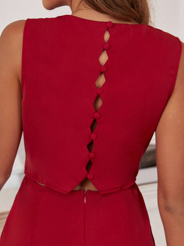 Summer Valentine Wedding Solid Color Round Neck Sleeveless Jumpsuit