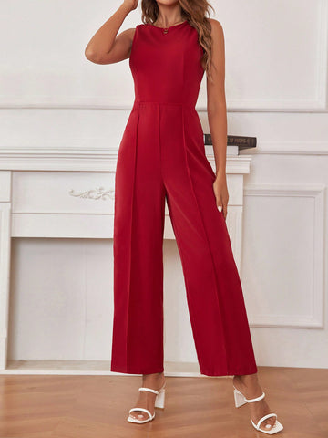 Summer Valentine Wedding Solid Color Round Neck Sleeveless Jumpsuit
