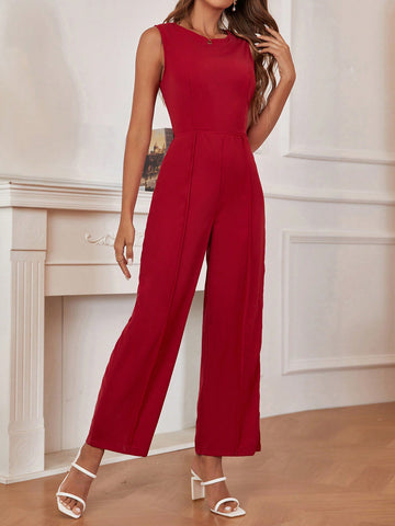 Summer Valentine Wedding Solid Color Round Neck Sleeveless Jumpsuit