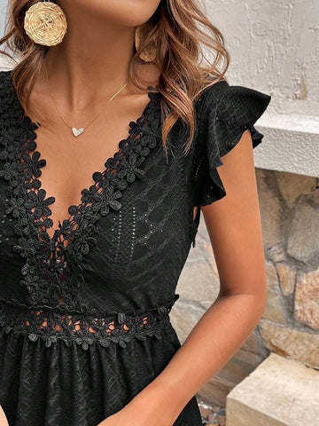 Summer Wedding Season Solid Color V-Neck Sleeveless Lace Splicing Elegant Midi Dress,