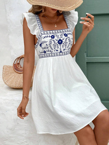 Summer White Cotton Linen Dress With Backless Bow Binding, Blue Print, Generous Collar, Lotus Sleeve Dress Vintage Style Printed Square Neckline Simple Daily Wear Dress Comfortable To Wear, Soak Up Moisture, Suitable For Everyday Holiday Wear
