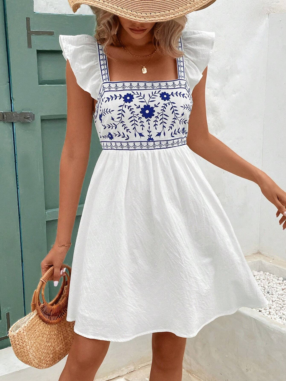Summer White Cotton Linen Dress With Backless Bow Binding, Blue Print, Generous Collar, Lotus Sleeve Dress Vintage Style Printed Square Neckline Simple Daily Wear Dress Comfortable To Wear, Soak Up Moisture, Suitable For Everyday Holiday Wear