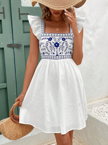 Summer White Cotton Linen Dress With Backless Bow Binding, Blue Print, Generous Collar, Lotus Sleeve Dress Vintage Style Printed Square Neckline Simple Daily Wear Dress Comfortable To Wear, Soak Up Moisture, Suitable For Everyday Holiday Wear