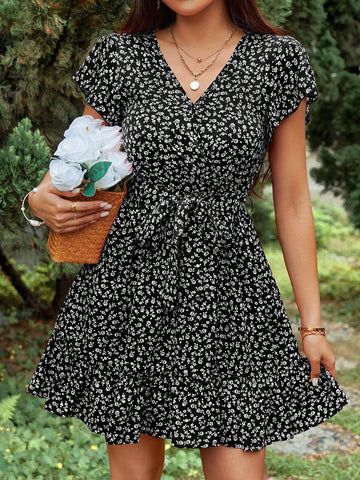 Summer Women's Floral Print Belted Dress
