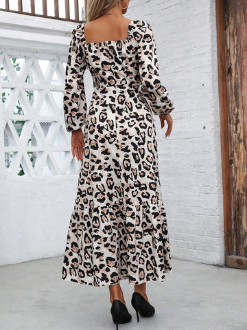 Sweetheart Collar Lantern Sleeve Leopard Print Casual Dress, Spring Autumn