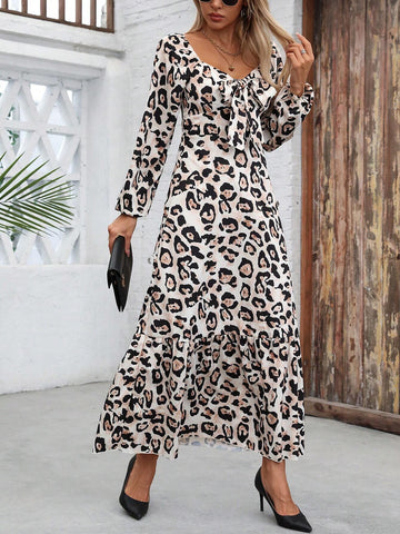Sweetheart Collar Lantern Sleeve Leopard Print Casual Dress, Spring Autumn