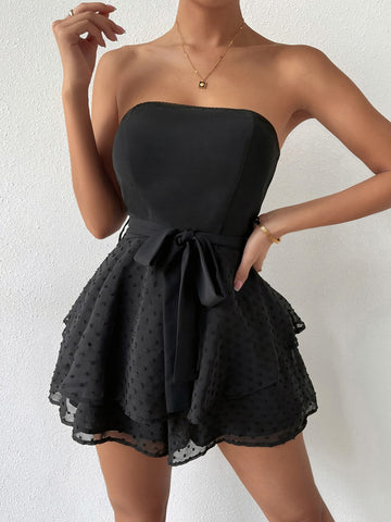 Swiss Dot Belted Tube Romper