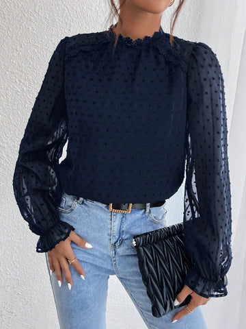 Frenchy Swiss Dot Flounce Sleeve Lace Patchwork Fabric Patched Blouse