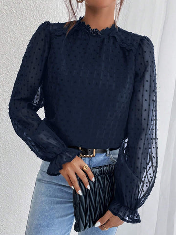 Frenchy Swiss Dot Flounce Sleeve Lace Patchwork Fabric Patched Blouse