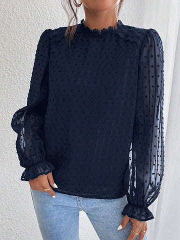 Frenchy Swiss Dot Flounce Sleeve Lace Patchwork Fabric Patched Blouse