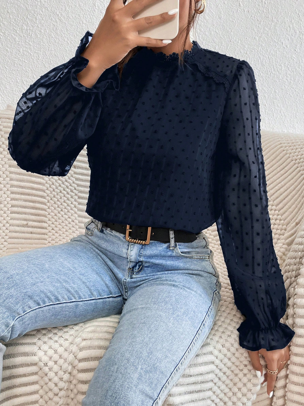 Frenchy Swiss Dot Flounce Sleeve Lace Patchwork Fabric Patched Blouse