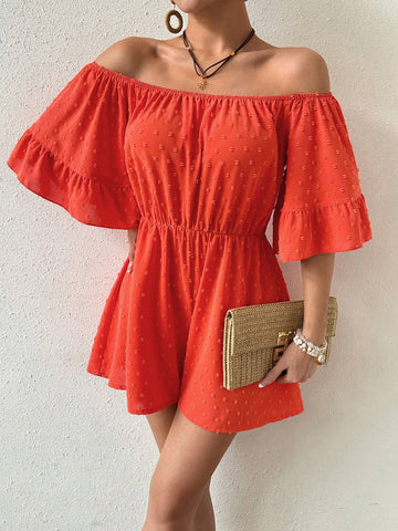 Swiss Dot Print One Shoulder Elastic Waist Jumpsuit