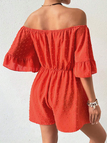 Swiss Dot Print One Shoulder Elastic Waist Jumpsuit