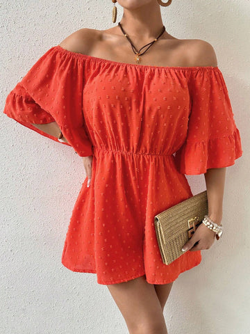 Swiss Dot Print One Shoulder Elastic Waist Jumpsuit