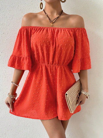 Swiss Dot Print One Shoulder Elastic Waist Jumpsuit