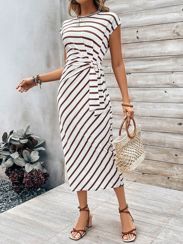 Frenchy Tie Knotted Striped Side Casual Dress