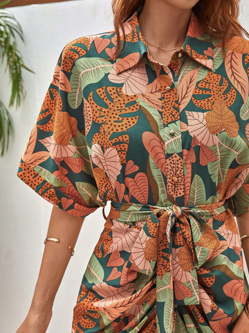 Frenchy Tropical Print Batwing Sleeve Ruched Belted Dress