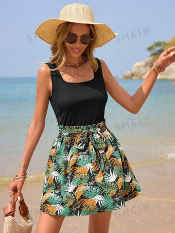 Tropical Print Bow Tie Combo Tank One-Piece Jumpsuit