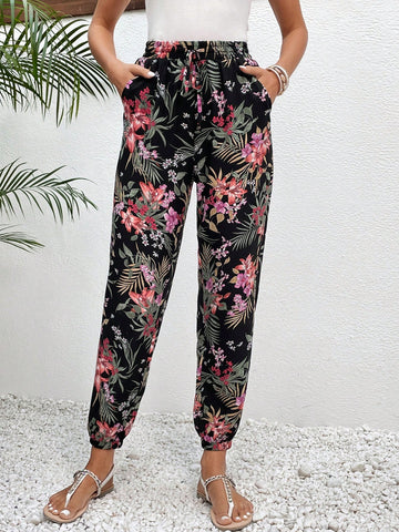 Frenchy Tropical Print Drawstring Waist Pants