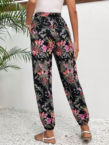 Frenchy Tropical Print Drawstring Waist Pants