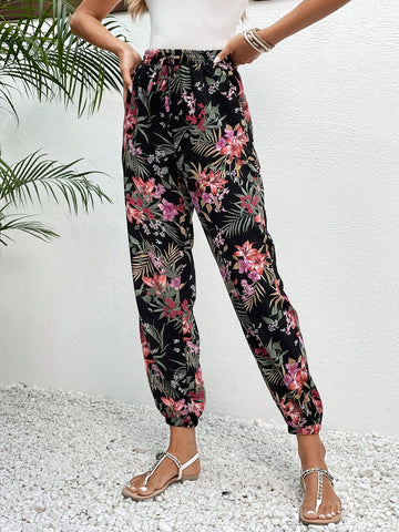 Frenchy Tropical Print Drawstring Waist Pants