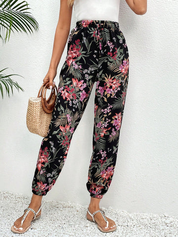 Frenchy Tropical Print Drawstring Waist Pants