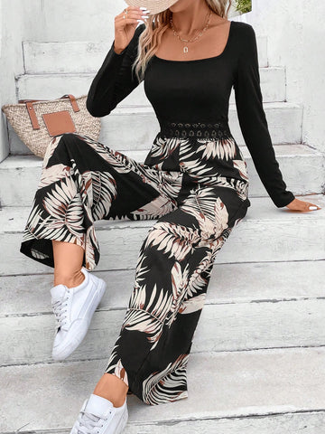 Tropical Print Guipure Lace Insert Wide Leg Jumpsuit