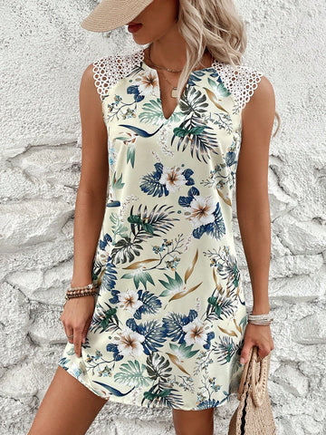 Tropical Printed Notched Collar A-Line Dress