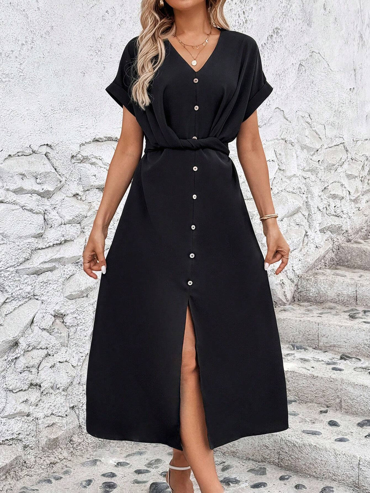 Twist Front Button Detail Slit Hem Black Midi Dress For Women