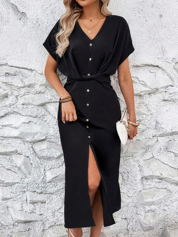 Twist Front Button Detail Slit Hem Black Midi Dress For Women