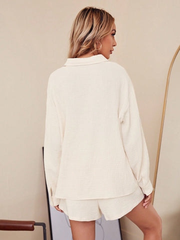 Two Piece Beach Set Summer Two Piece Outfits Summer Drop Shoulder Shirt Set, Summer Cotton Textured Fabric, Cuffed Sleeves, Elastic Waist Shorts With Side Pockets, Suitable For Vacation, Relaxed Shirt