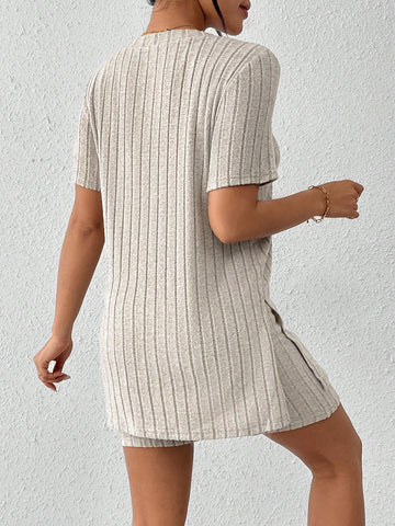 V-Neck Button Decor Short Sleeve T-Shirt And Shorts 2pcs Set
