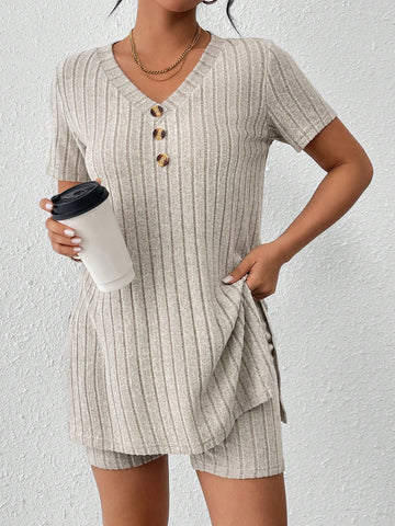 V-Neck Button Decor Short Sleeve T-Shirt And Shorts 2pcs Set