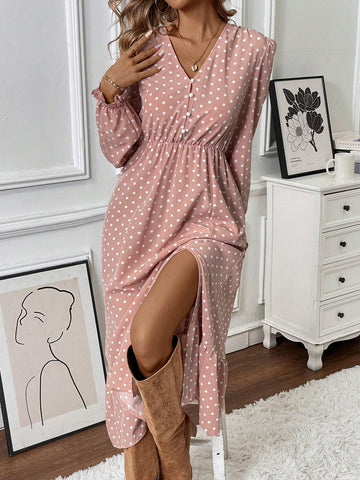 V-Neck Button Up Long Sleeve Polka Dot Asymmetric Ruffle Hem Women Midi Dress