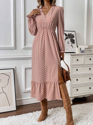 V-Neck Button Up Long Sleeve Polka Dot Asymmetric Ruffle Hem Women Midi Dress