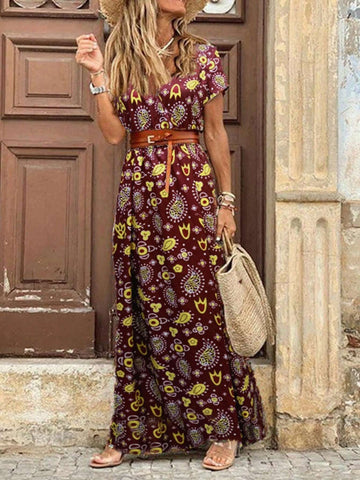 V-Neck Paisley Pattern Elastic Waist Side Slit Vacation Dress