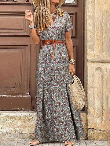 V-Neck Paisley Pattern Elastic Waist Side Slit Vacation Dress