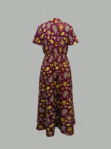 V-Neck Paisley Pattern Elastic Waist Side Slit Vacation Dress