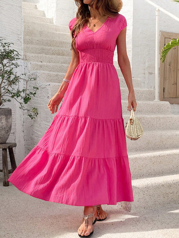 Frenchy V-Neck Shirred Waist Dress
